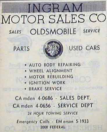 Ingram Oldsmobile Yellow Pages advertisement, 1950s