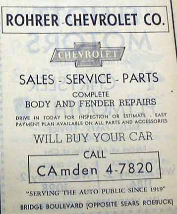 Rohrer Chevrolet Yellow Pages advertisement, 1950s