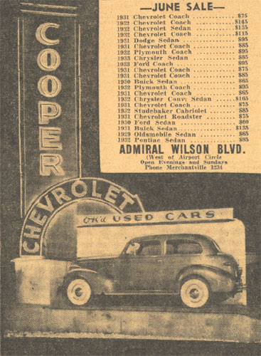 Cooper Chevrolet used car advertisement, Camden Courier-Post, June 7, 1938