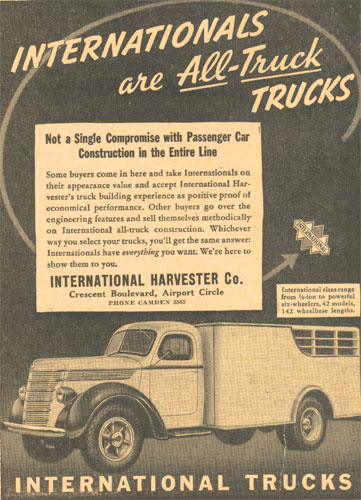 International Harvester Company dealership advertisement, June 1938, Airport Circle, Camden NJ