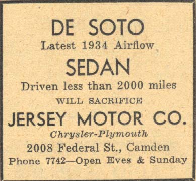 Jersey Motors Chrysler-Plymouth advertisement, May 1934