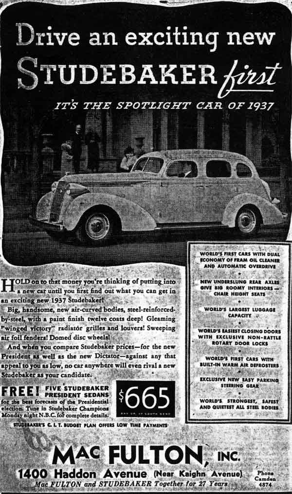 Camden Courier-Post, October 1936 — Mac Fulton, Inc. advertisement for 1937 Studebaker