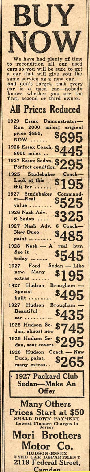 Mori Brothers Hudson-Essex advertisement, Camden Courier-Post, September 12, 1929