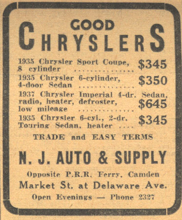 N.J. Auto used car advertisement, Camden Courier-Post, June 7, 1938