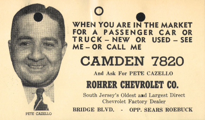 Rohrer Chevrolet rolodex card from salesman Pete Cazello