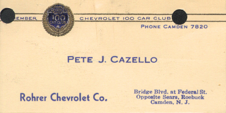 Rohrer Chevrolet business card from salesman Pete Cazello