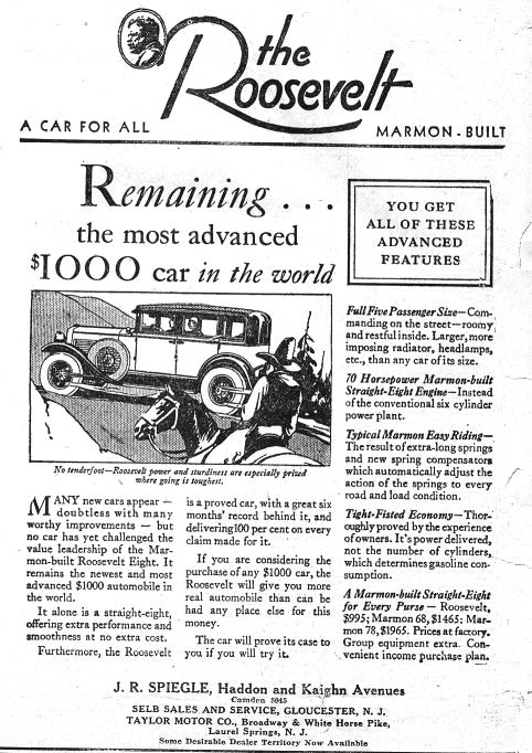 J.R. Spiegle Marmon advertisement, Camden Courier-Post, September 12, 1929