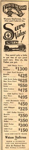 Watson Shallcross Dodge-Plymouth advertisement, Camden Courier-Post, September 12, 1929