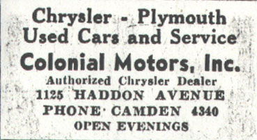 Colonial Motors Chrysler-Plymouth advertisement, Camden Courier-Post, January 1939