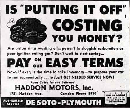 March 1942 ad for Haddon Motors service department