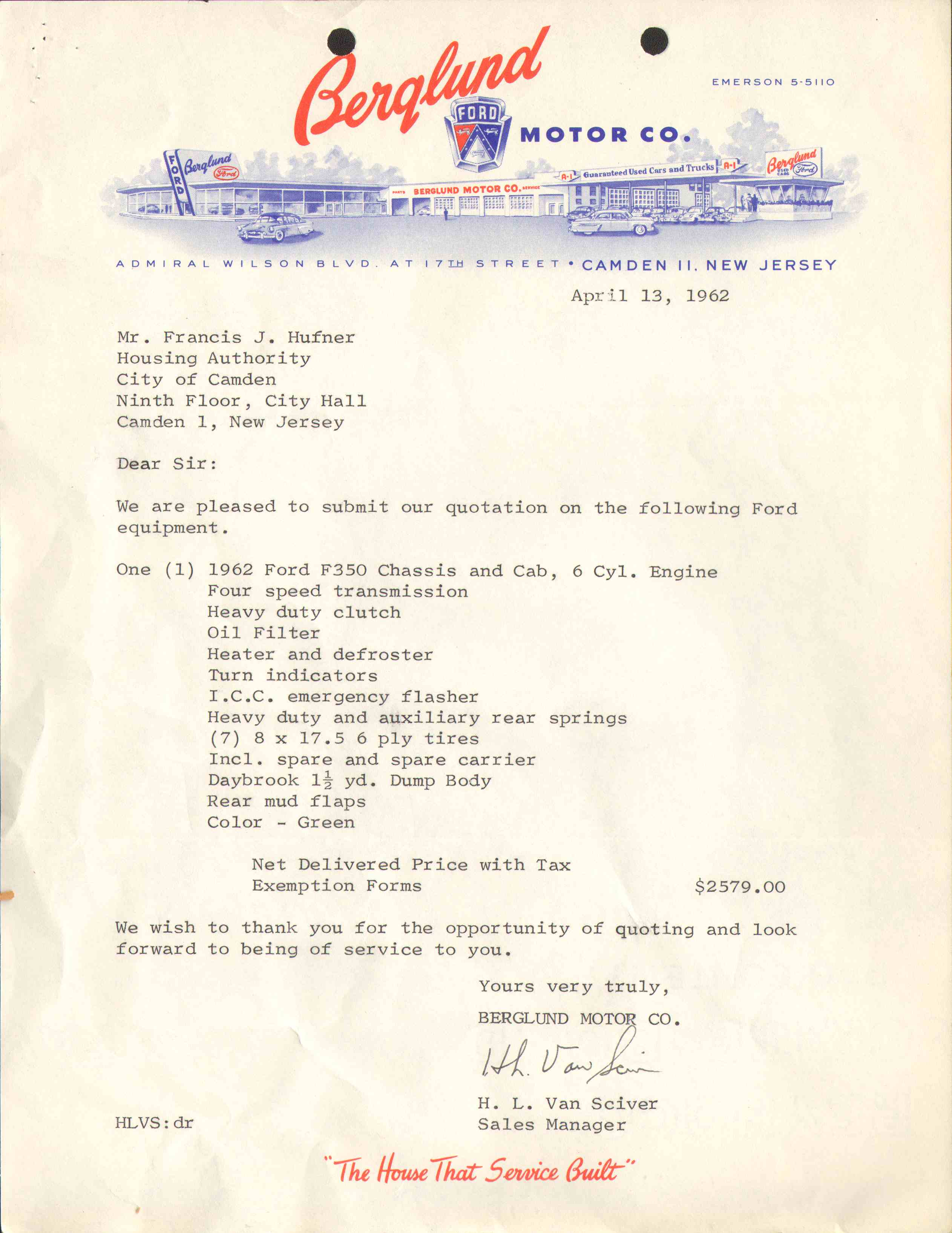 Bid document for 1962 Ford F-350 truck for Branch Village, Housing Authority of Camden