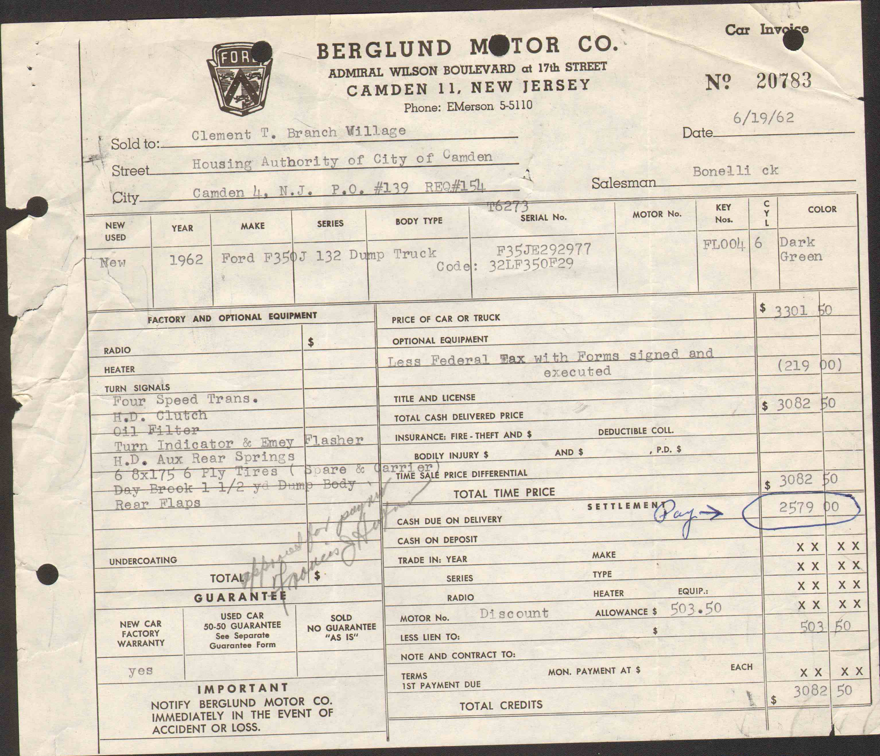 Invoice for 1962 Ford F-350 truck for Branch Village, Housing Authority of Camden