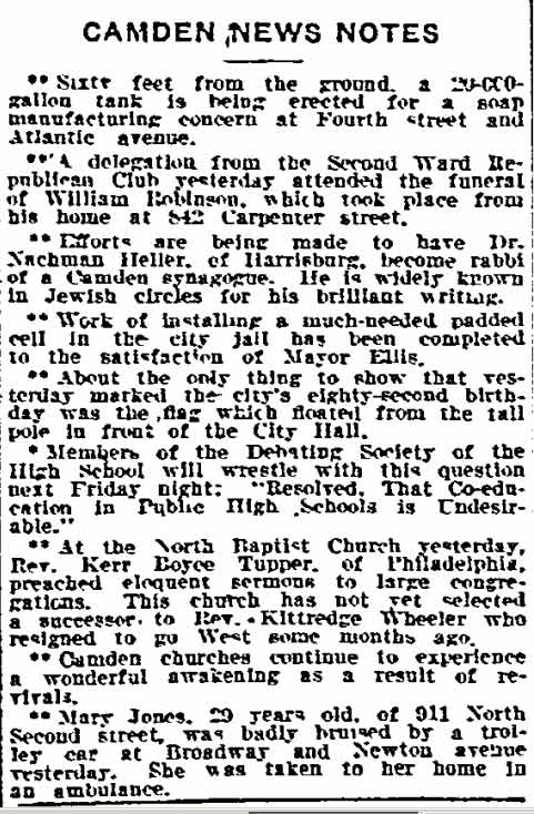 Philadelphia Inquirer, February 14, 1910 — Rabbi Nachman Heller