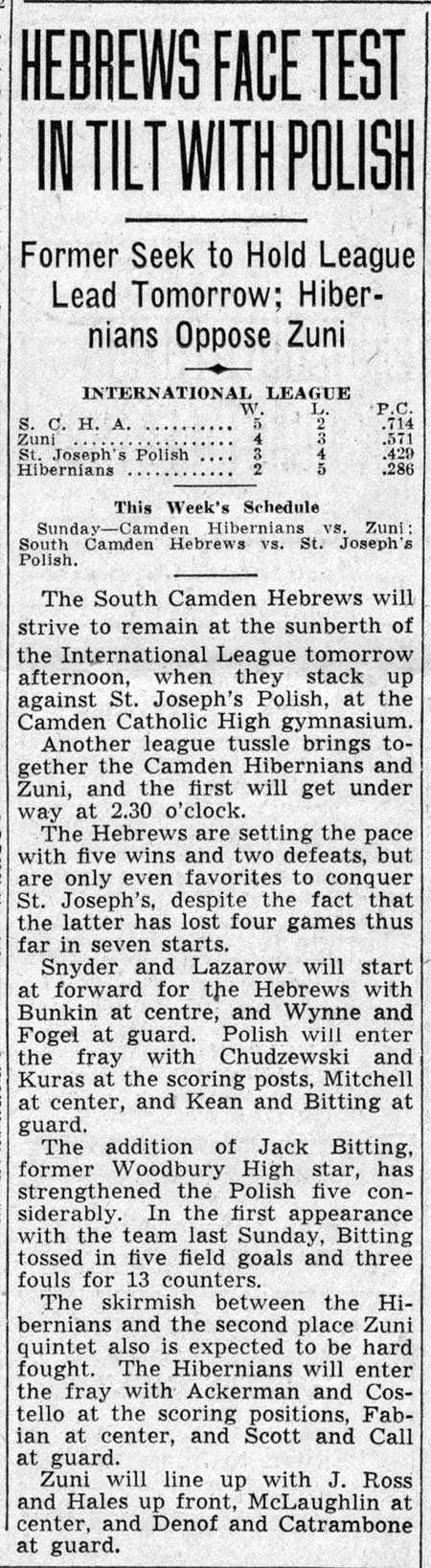 Camden Courier-Post, February 26, 1938 — Basketball, Camden Jewish community