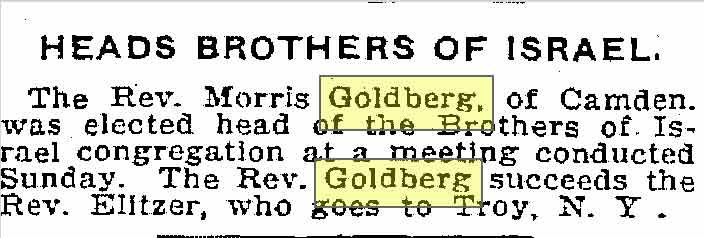 Trenton Evening Times, July 6, 1909 — Rabbi Morris Goldberg