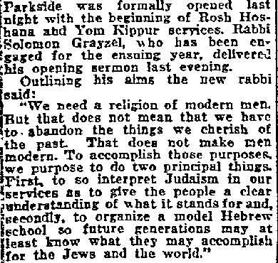 Philadelphia Inquirer, October 3, 1921 — Congregation Beth El, Parkside, Rabbi Solomon Grayzel