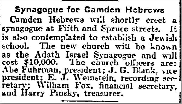 Philadelphia Inquirer, November 7, 1903 — Jewish community of Camden