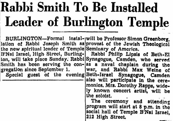 Trenton Evening Times, November 21, 1946 — Rabbi Philip Lipis, Rabbi Max Weine