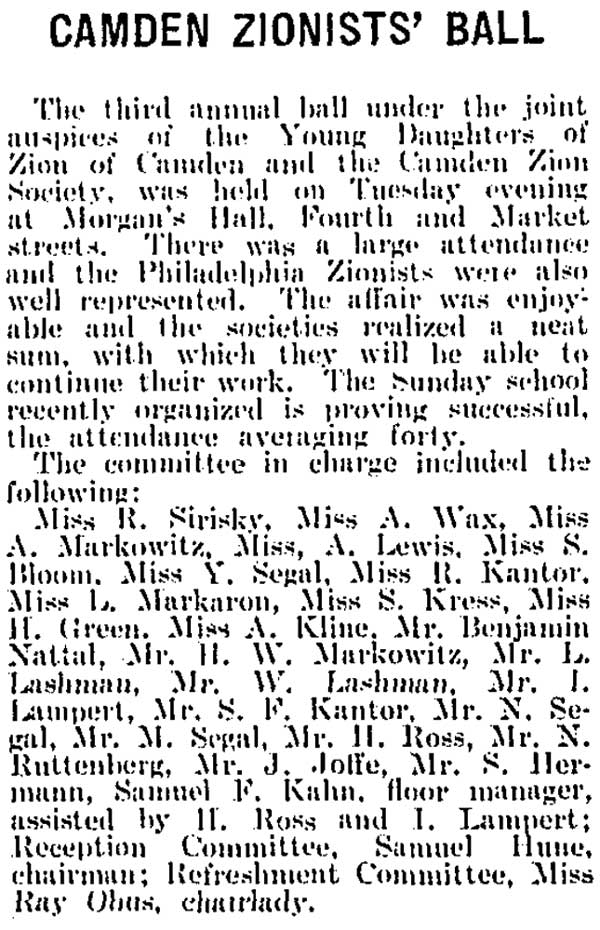 Jewish Exponent, December 4, 1908 — Young Daughters of Zion, Camden