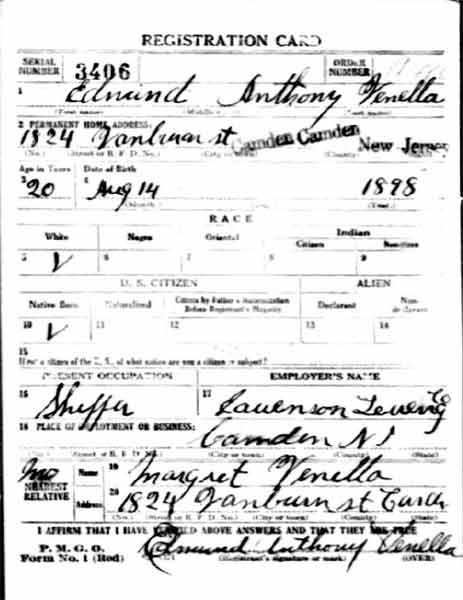 Edmund Anthony Venella's Draft Card, September 12, 1918 — front