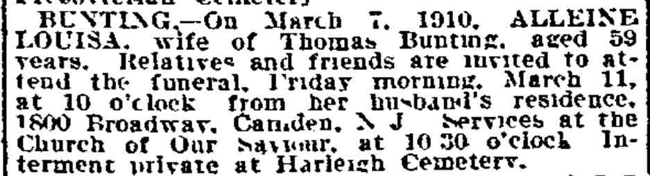 Philadelphia Inquirer, March 9, 1910 — Alleine Louisa Bunting death notice, wife of Thomas Bunting, 1800 Broadway, Camden