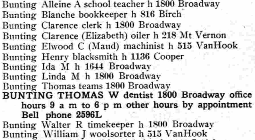 1912 Camden City Directory listing — Bunting family