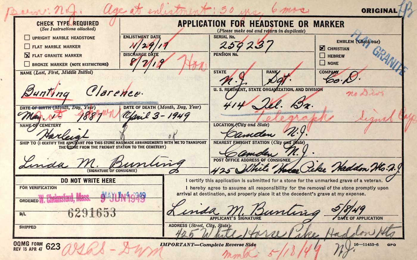 Clarence Bunting — Application for Headstone or Marker, World War I veteran