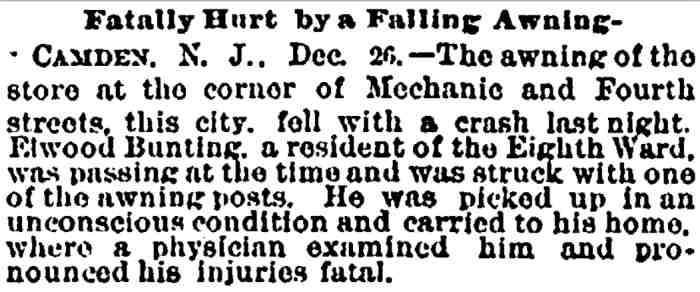 New York Truth, December 27, 1883 — Fatally Hurt by a Falling Awning: Elwood Bunting, Eighth Ward, Camden
