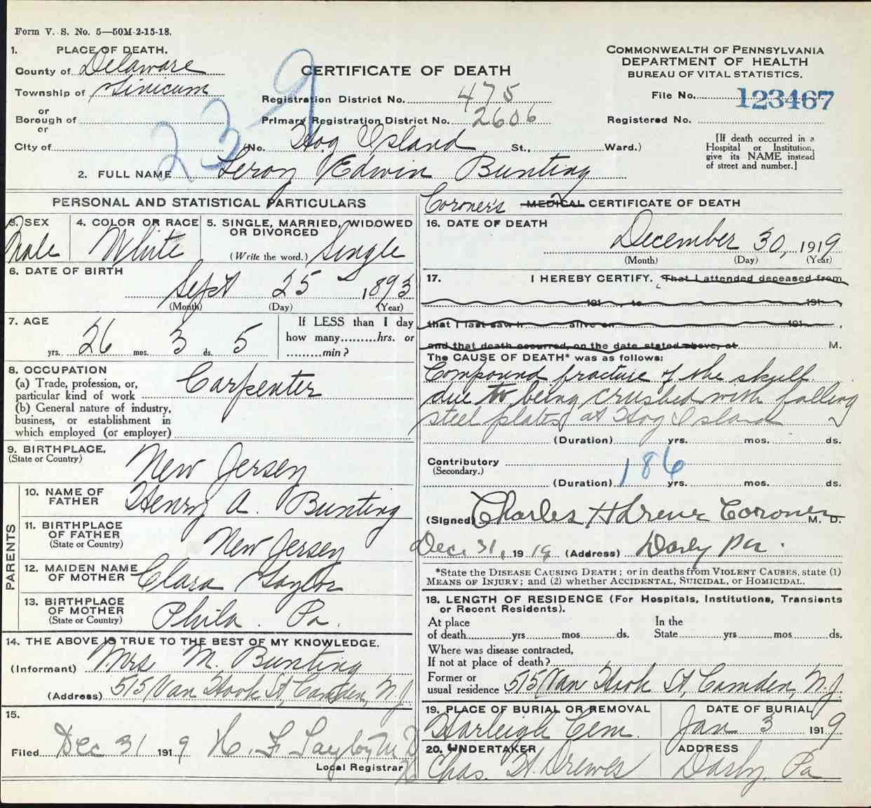 Death Certificate — LeRoy Bunting, killed in industrial accident at Hog Island Navy Yard, December 30, 1919