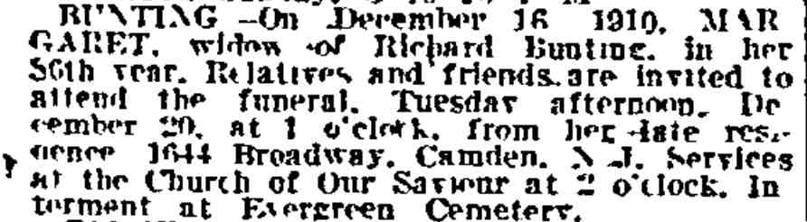 Philadelphia Inquirer, December 17, 1910 — Margaret Bunting death notice, widow of Richard Bunting, 1644 Broadway, Camden