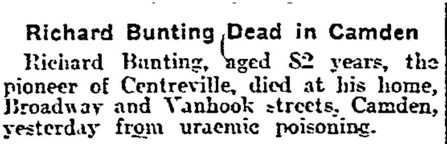 Philadelphia Inquirer, February 11, 1905 — Richard Bunting Dead in Camden