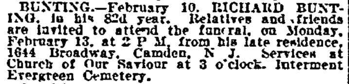 Philadelphia Inquirer, February 12, 1905 — Richard Bunting funeral notice