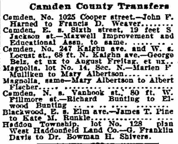 Philadelphia Inquirer, May 2, 1900 — Camden County Transfers, Richard Bunting to Ellwood Bunting, Van Hook Street