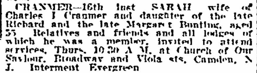 Philadelphia Inquirer, June 17, 1913 — Sarah Cranmer (née Bunting) death notice, daughter of Richard and Margaret Bunting