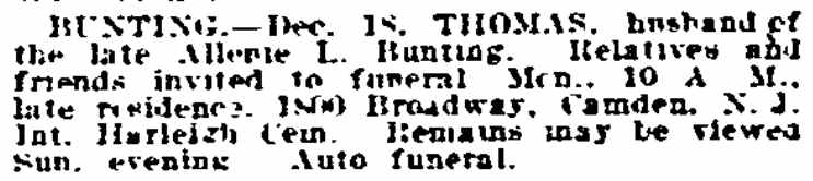 Philadelphia Inquirer, December 19, 1919 — Thomas Bunting death notice, 1800 Broadway, Camden
