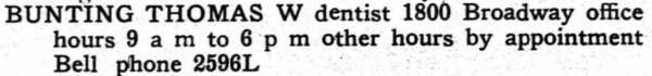 1912 Camden City Directory listing — Thomas W. Bunting, Dentist, 1800 Broadway