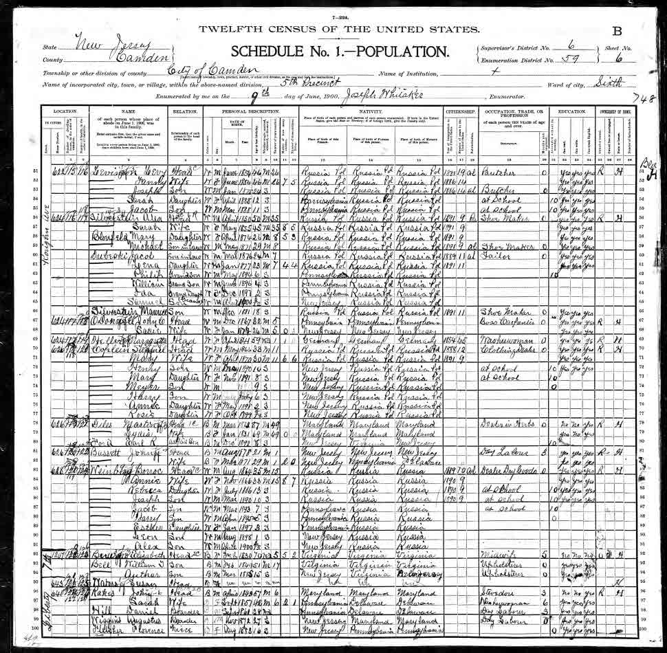 1900 Census — Samuel Coplein household, 626 Kaighn Avenue, Camden, NJ