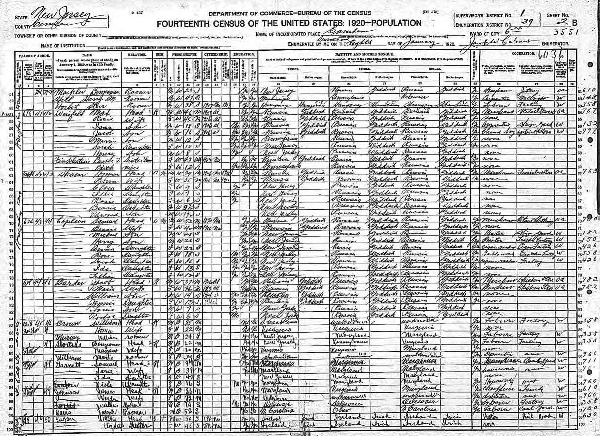 1920 Census — Coplein household, Camden, NJ