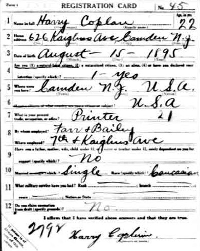 World War I Draft Registration Card — Harry Coplein, front