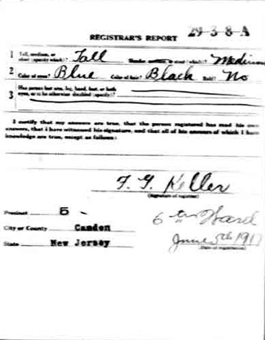 World War I Draft Registration Card — Harry Coplein, back (Registrar's Report)