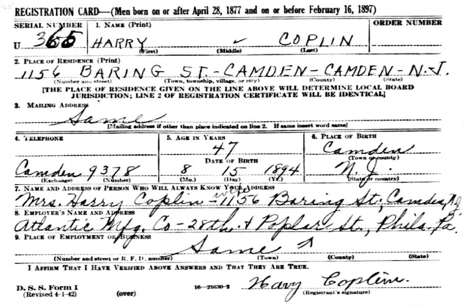 World War II Draft Registration Card — Harry Coplein, front