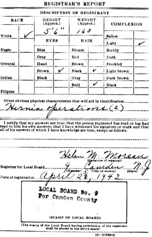 World War II Draft Registration Card — Harry Coplein, back