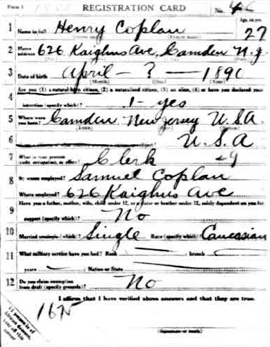 World War I Draft Registration Card — Henry Coplein, front