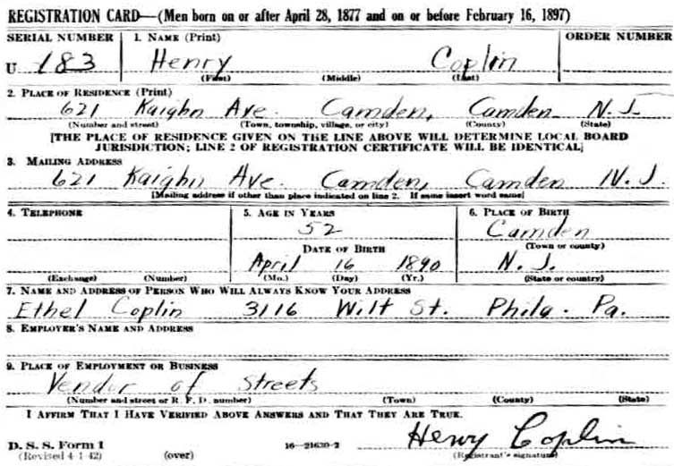 World War II Draft Registration Card — Henry Coplein, front