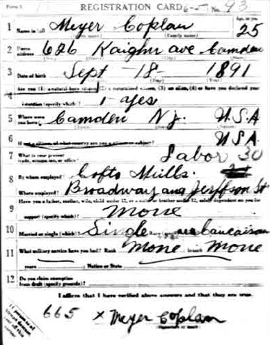World War I Draft Registration Card — Meyer Coplein, front