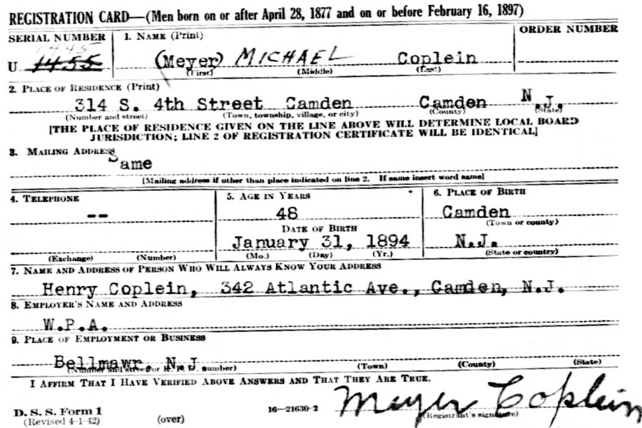 World War II Draft Registration Card — Meyer Coplein, front