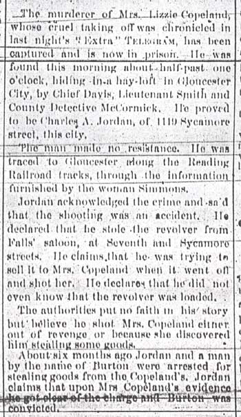 Camden Daily Telegram, July 28, 1893 — Jordan captured in hay-loft in Gloucester City