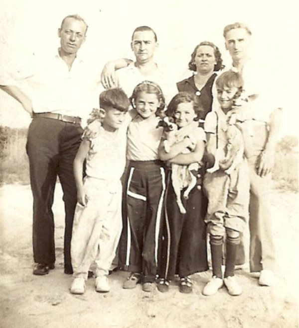 The Engel Family, circa 1937 — top: Unknown Neighbor, Julius Engel Jr., Mildred Engel, L. George Engel Sr.; bottom: Julius Engel III, Ellen Engel, Lillian Jane 'Jane' Engel, Louis G. Engel Jr.