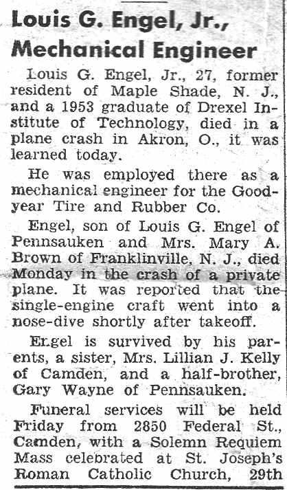Louis G. Engel Jr. obituary, Camden Courier-Post, September 1955