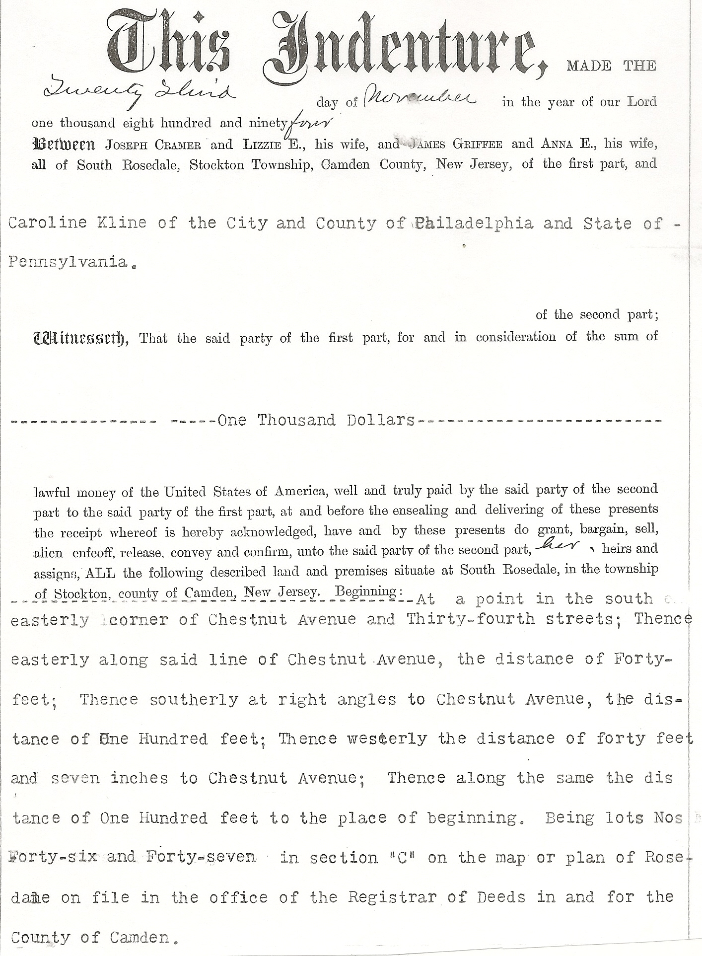 Deed from 1894 showing the Griffee-Cramer partnership, page 1